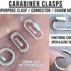 May include: Silver carabiner clasps in various shapes and sizes, including oval and circular designs. The image shows the clasps with measurements of 14mm, 17 x 9 mm, and 18 x 9 mm. Text on the image reads "CARABINER CLASPS" and "GENUINE SOLID 925 STERLING SILVER."
