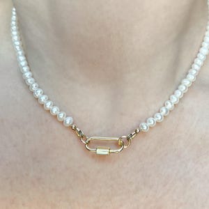 Freshwater Pearl Carabiner Necklace - 4.5mm Real Pearl Necklace w/ Gold Filled or Sterling Loops for Carabiner - Vermeil or 925 Silver Clasp