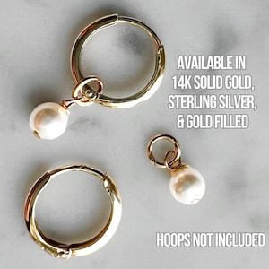 14k Solid Gold Pearl Earring Charms Pair - Dainty Pearl Charms for Earrings - Pearl Hoop Earring Charms in Solid Gold, Gold Filled or Silver