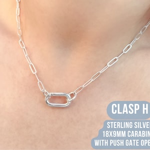 Sterling Silver Paperclip Carabiner Chain - 8.6mm Paperclip Chain Carabiner Necklace Silver - Open Chain with Loop Ring for Carabiner Silver Clasp H