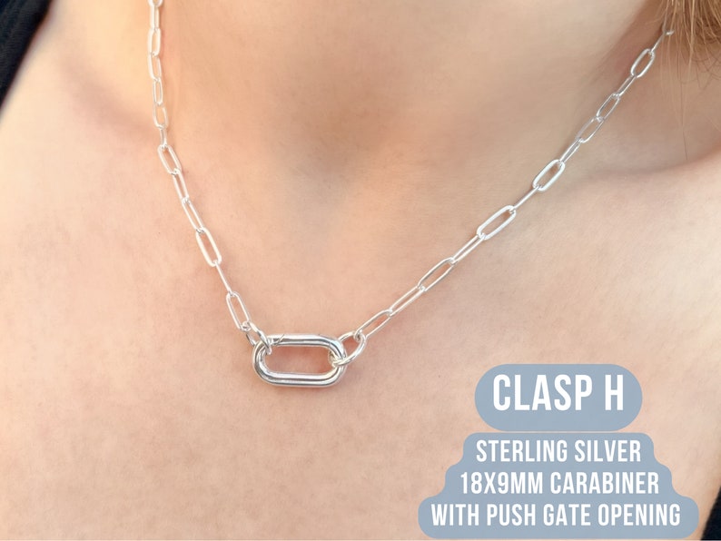 Sterling Silver Paperclip Carabiner Chain - 8.6mm Paperclip Chain Carabiner Necklace Silver - Open Chain with Loop Ring for Carabiner Silver Clasp H