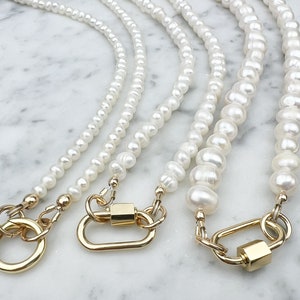 Gold Filled Freshwater Pearl Carabiner Necklace - Pearl Carabiner Clasp Necklace Gold - Vermeil Sterling Carabiner Clasp - Gifts for Her