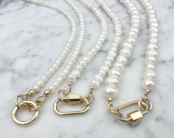 Gold Filled Freshwater Pearl Carabiner Necklace - Pearl Carabiner Clasp Necklace Gold - Vermeil Sterling Carabiner Clasp - Gifts for Her