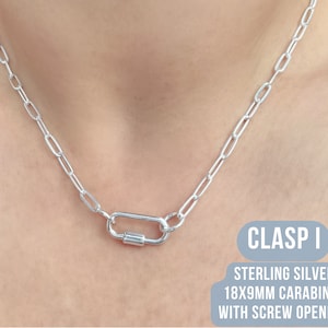Sterling Silver Paperclip Carabiner Chain - 8.6mm Paperclip Chain Carabiner Necklace Silver - Open Chain with Loop Ring for Carabiner Silver Clasp I