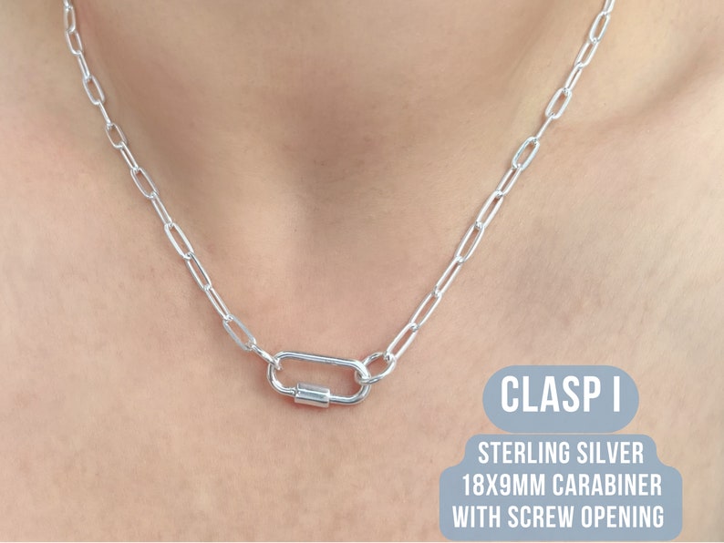 Sterling Silver Paperclip Carabiner Chain - 8.6mm Paperclip Chain Carabiner Necklace Silver - Open Chain with Loop Ring for Carabiner Silver Clasp I