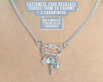 Sterling Silver Carabiner Charm Necklace - 2.8mm Curb Chain Carabiner Necklace Silver - Charm Necklace Carabiner Chain Silver Gifts for Her