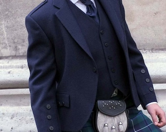 Men's Navy Blue Wool Kilt Jacket With Waistcoat Argyle Wedding Kilt Jacket Customised Kilt Jackets