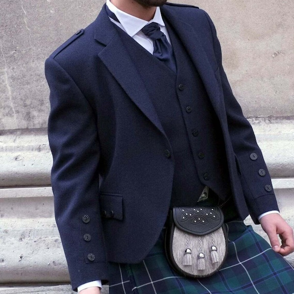 Men's Navy Blue Wool Kilt Jacket With Waistcoat Argyle Wedding Kilt Jacket Customised Kilt Jackets