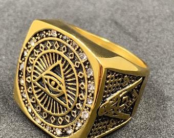Masonic Freemason Illuminati Gold Plated Ring With Imitation Stone The Pyramid Eye Ring Men’s Biker Ring