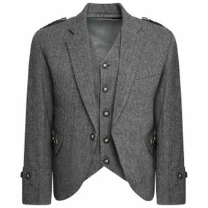 Veste kilt grise en tweed à carreaux avec gilet - Veste de mariage en tweed pour hommes en laine à motifs Argyll