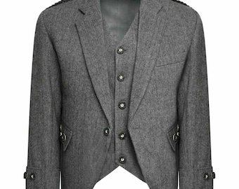Grey Tweed Argyle Kilt Jacket With Vest - Men's Tweed Wool Wedding Argyll Jacket