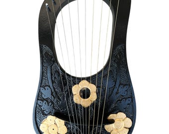Zwarte lierharp 10 metalen snaren met gratis stemsleutel en draagtas Palissander lierharp