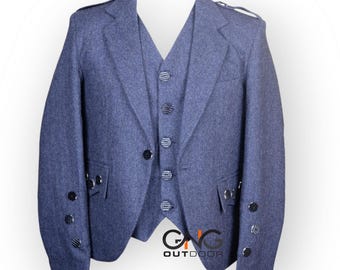 Giacca kilt Argyle in tweed blu con gilet - Giacca Argyll da uomo in lana tweed per matrimoni