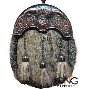 Scottish Chocolate Bronze Cantle Highland Cow Full Dress Sporran With Chain Belt