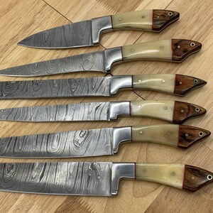 Exquisite 6-Piece Custom Damascus Knife Set with Bone Handles