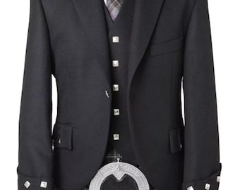 Men’s Black Argyle kilt jacket with vest wedding jacket/ chest 34” to 54” inch