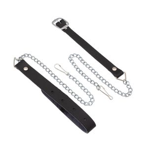 May include: Black leather strap with a silver buckle and a silver chain with two clips.