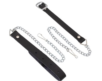 May include: Black leather strap with a silver buckle and a silver chain with two clips.