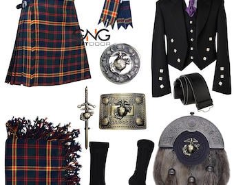 Men's Prince Charlie Jacket Wedding Kilt Outfit 11 pieces kilt Set US Marine Traditional Kilt Outfit Available in Various 50+ Tartan Color