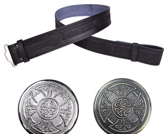 Cintura In Pelle Per Kilt Uomo Con Fibbia A Cardo E Nodo Celtico, Colore Argento Antico, Regolabile Dalla S Alla 3XL, Accessorio Scozzese Tradizionale