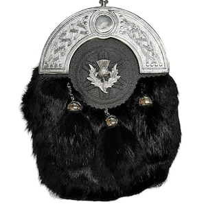 Men&#39;s Scottish Full Dress Black Fur Sporran Thistle Badge 3 Tassel Sporran With Chain Belt