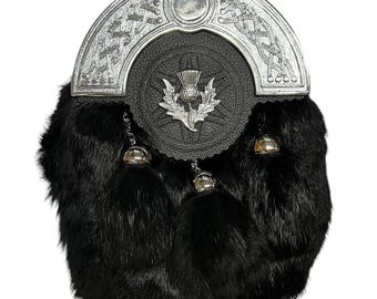Men's Scottish Full Dress Black Fur Sporran Thistle Badge 3 Tassel Sporran With Chain Belt
