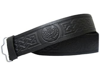 Black Leather Thistle Embossed Kilt Belt Adjustable Sizes For Highland Kilts