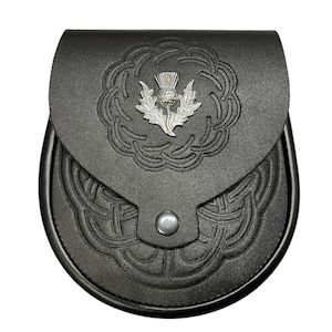 Scottish Handmade Sporran | Celtic Pattern Black Leather Sporran | With Chain Strap