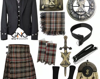 Męska szkocka kurtka w romby, kilt ślubny St Andrew Sporran, 9-częściowy tradycyjny kilt dostępny w ponad 50 kolorach kratki.