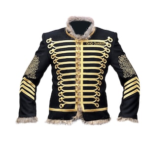 May include: A black jacket with gold trim and a fur collar. The jacket has a button closure and a  "GnG Outdoor" label on the front.