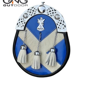 May include: A blue and white leather sporran with a silver Celtic knot design and a silver badge. The sporran has three white tassels.