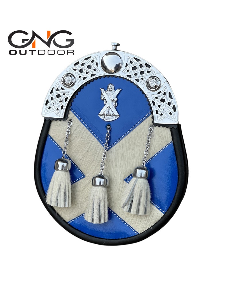 May include: A blue and white leather sporran with a silver Celtic knot design and a silver badge. The sporran has three white tassels.