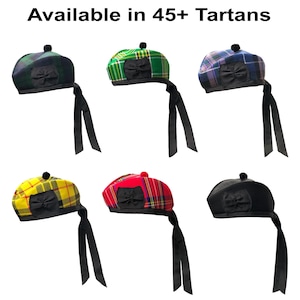 Scottish Glengarry Hat Piper Bonnet Highlander Military Cap Available in 45+ Tartans