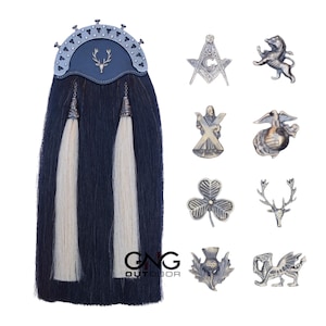 Scottish Full Dress Black Horse Hair Sporran Antique Cantle | Bagpiper Kilt Sporran With Two White Tassels and Chain Belt