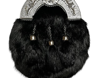 Scottish Black Fur kilt Sporran Thistle Cantle 3 Tassels Kilt Sporran With Chain Belt