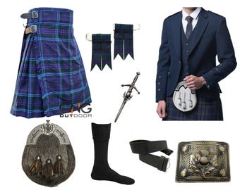Szkocka niebieska wełniana kurtka ślubna, kilt, 8-częściowy zestaw kiltów, tradycyjny kilt, dostępny w różnych kolorach tartanu 50+