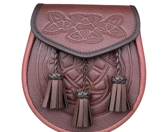 Scottish Sporran | Brown Leather | With Chain Strap | Embossed Sporran | Celtic Design