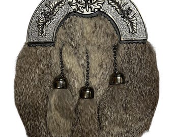 Scottish Men's Fur Sporran Thistle Cantle in 3 Tassels Kilt Sporran With Chain Belt
