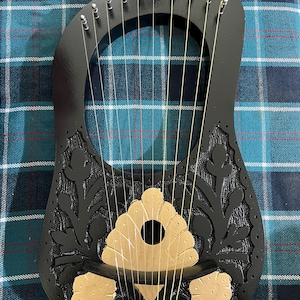 Scottish Black Lyre Harp Golden flower Handmade Rosewood New Design With Free Case And Key