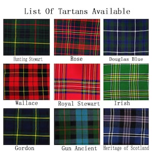 May include: A collage of nine different tartan patterns, each with a name label underneath. The tartans include Hunting Stewart, Rose, Douglas Blue, Wallace, Royal Stewart, Irish, Gordon, Gun Ancient, and Heritage of Scotland.