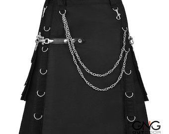 Scottish Black Gothic Tactical Kilt Utility Chain Fashion Kilt For Men 28" - 62"