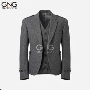 Grey Tweed Argyle Kilt Jacket With Vest - Men's Tweed Wool Wedding Argyll Jacket