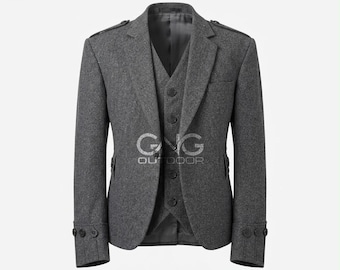 Giacca da kilt Argyle in tweed grigio con gilet - Giacca Argyll da uomo in lana tweed per matrimoni