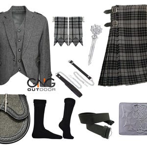 May include: A grey kilt outfit with a matching jacket, waistcoat, and kilt. The outfit includes a sporran, a kilt pin, a sgian dubh, and a pair of kilt hose. The outfit is complete with a kilt belt and a kilt buckle.