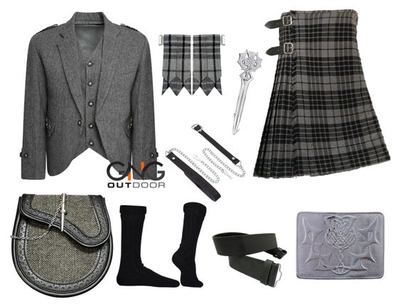 Men's Grey Tweed 8 PCS Scottish kilt Outfit Handmade Traditional Kilt Set