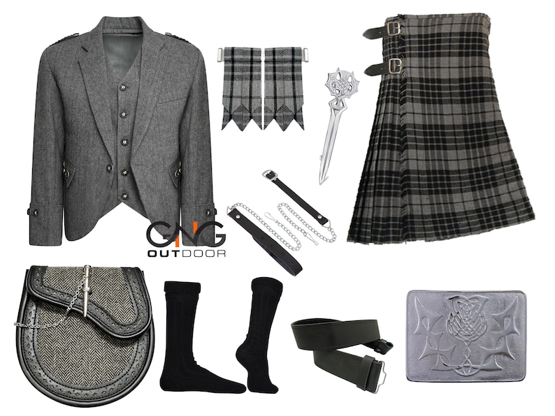 May include: A grey kilt outfit with a matching jacket, waistcoat, and kilt. The outfit includes a sporran, a kilt pin, a sgian dubh, and a pair of kilt hose. The outfit is complete with a kilt belt and a kilt buckle.