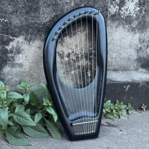 May include: A black lyre harp with 10 strings. The instrument has a curved, teardrop-shaped body with a glossy finish. The strings are strung from the top to the bottom of the instrument. The lyre is set against a textured grey background with green foliage.