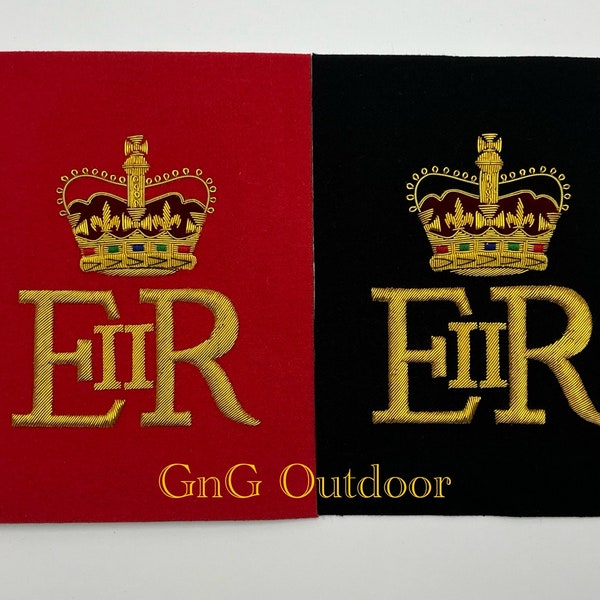 Her Majesty The Queen’s Cypher EIIR Gold Hand Embroidered Cypher Frame Badge Available On Red And Black Background