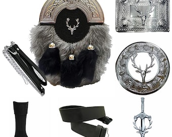 May include: A kilt outfit set with a black and gray kilt, a black leather belt, a silver kilt pin with a stag design, a silver kilt buckle with a stag design, a silver kilt sporran with a stag design, a black kilt hose, and a silver kilt sword with a stag design.