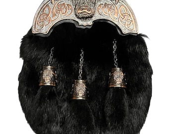 Scottish Traditional Full dress Black Fur Sporran 3 Tassel Kilt Sporran & Chain Belt